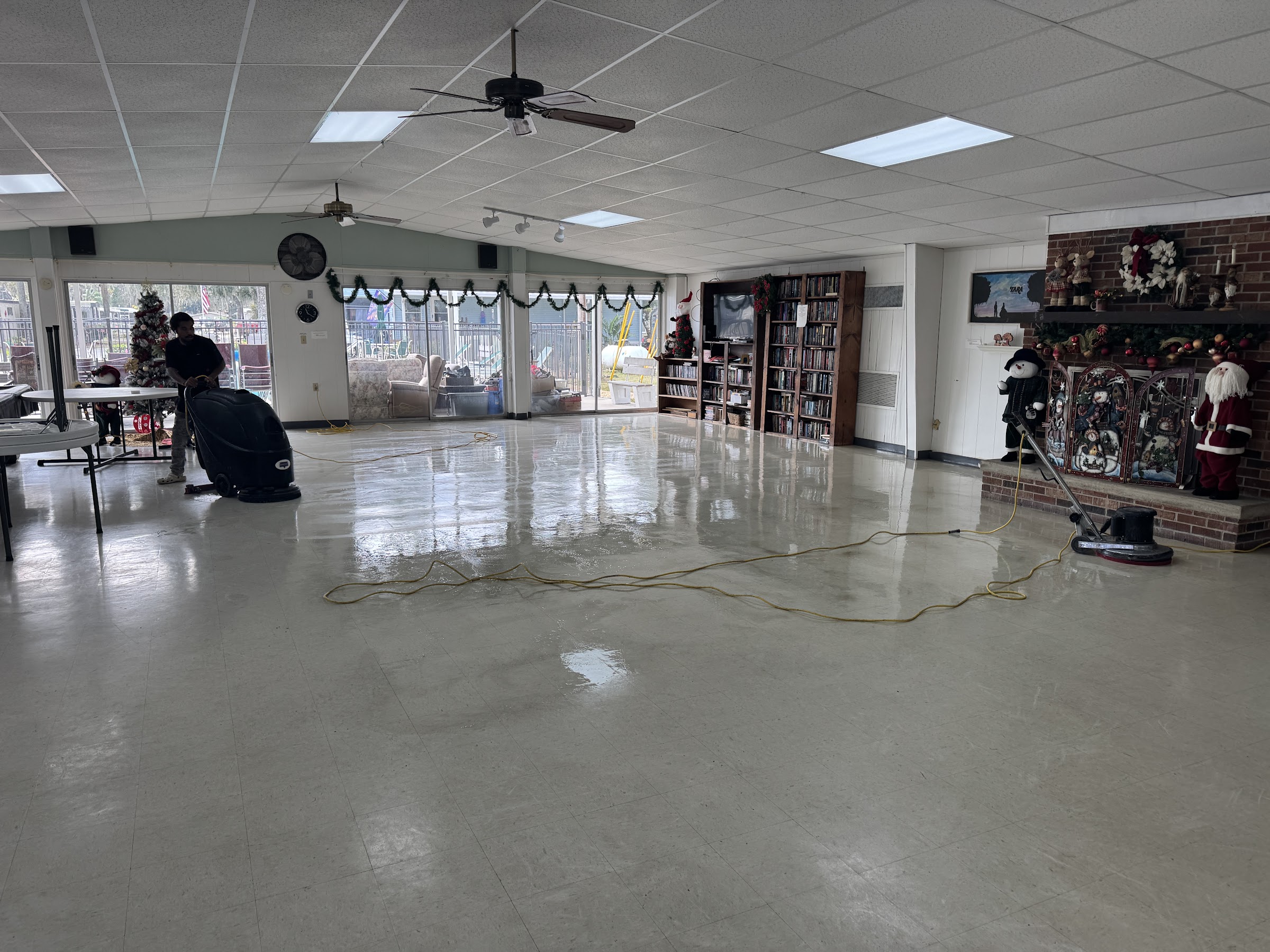 Commercial floor stripping and waxing — before, during, and after