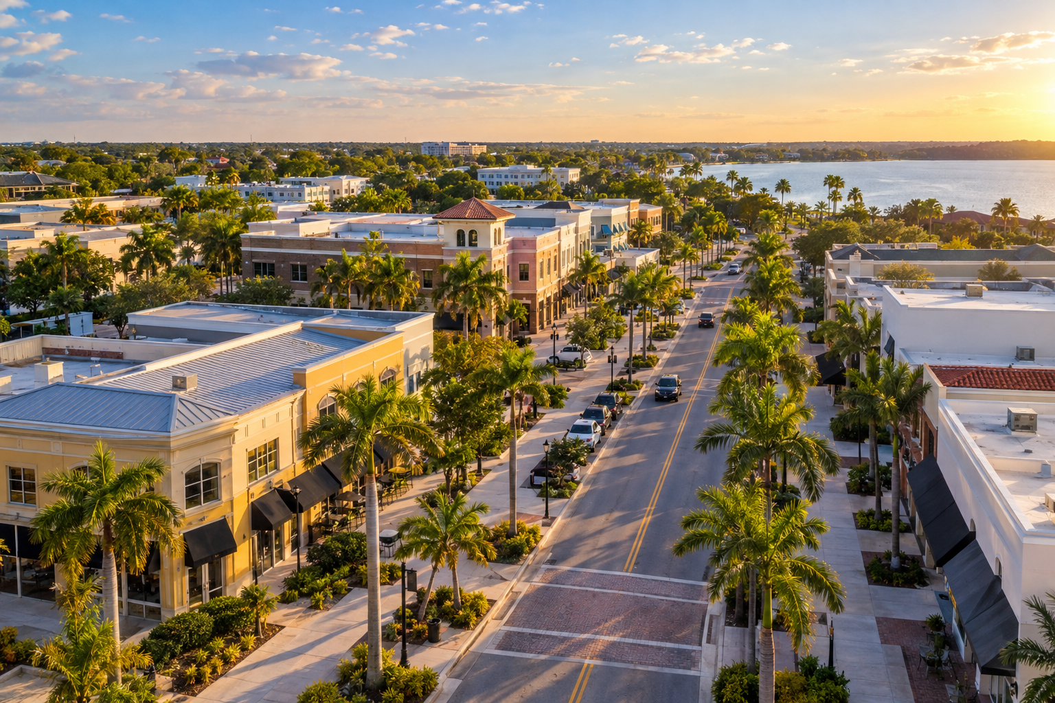 Aerial view of a Central Florida commercial district at golden hour